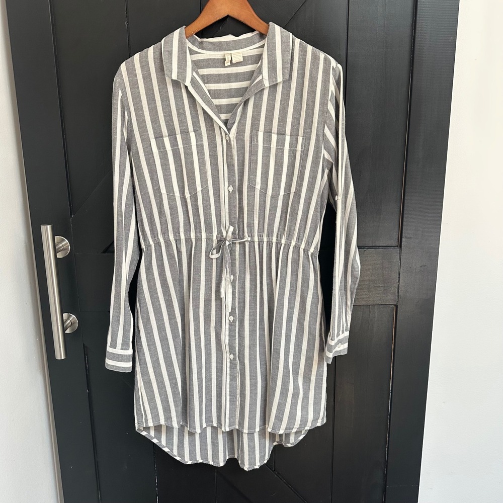 Japna‎ Striped Cotton Shirt Dress Grey White Drawstring Waist Size L Coastal